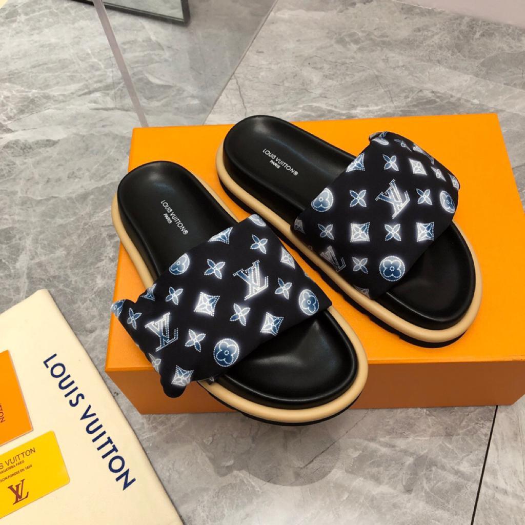 LOUIS VUITTON Nylon Monogram Womens Pool Pillow Comfort Mules 40 Navy Blue - vstockx