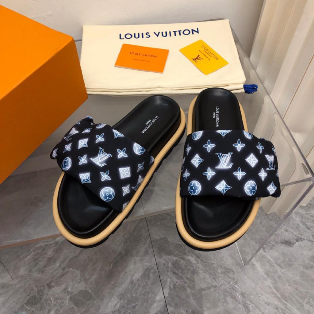 LOUIS VUITTON Nylon Monogram Womens Pool Pillow Comfort Mules 40 Navy Blue - vstockx