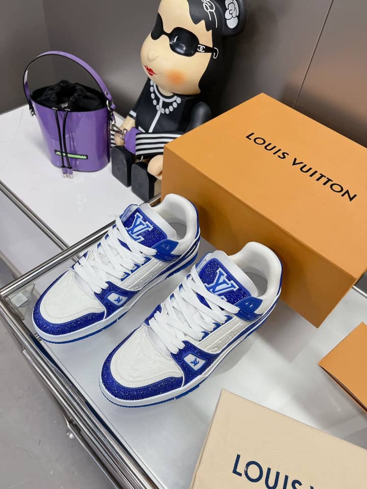 Louis Vuitton LV Trainer Blue Swarovski crystals and Monogram-embossed grained calf leather - vstockx