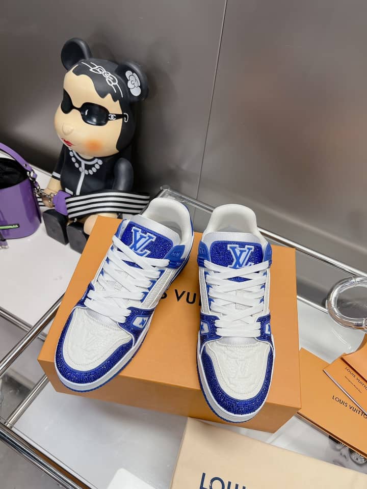 Louis Vuitton LV Trainer Blue Swarovski crystals and Monogram-embossed grained calf leather - vstockx
