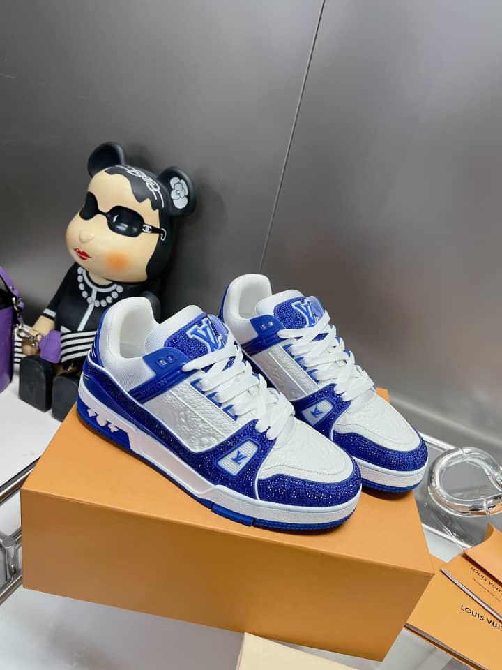Louis Vuitton LV Trainer Blue Swarovski crystals and Monogram-embossed grained calf leather - vstockx