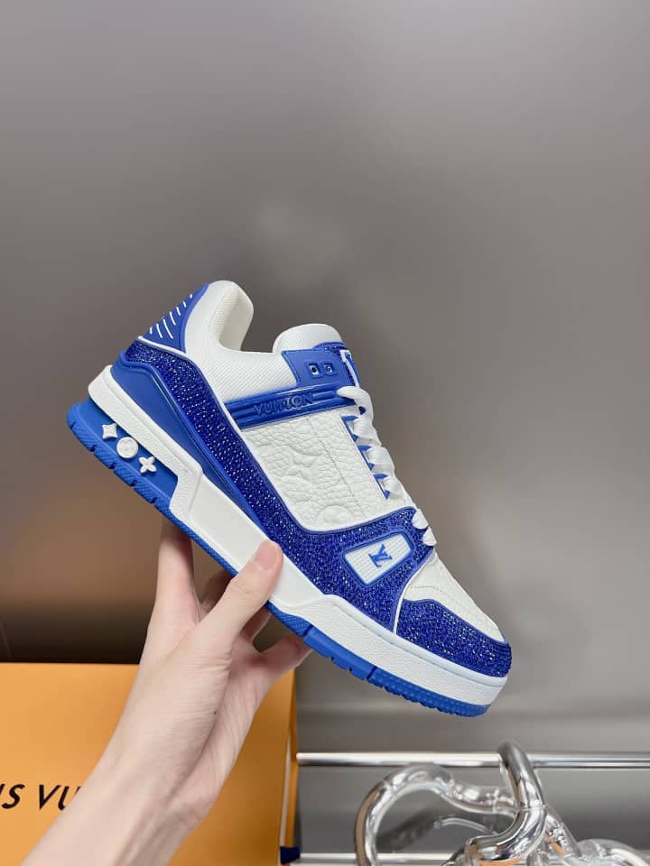 Louis Vuitton LV Trainer Blue Swarovski crystals and Monogram-embossed grained calf leather - vstockx