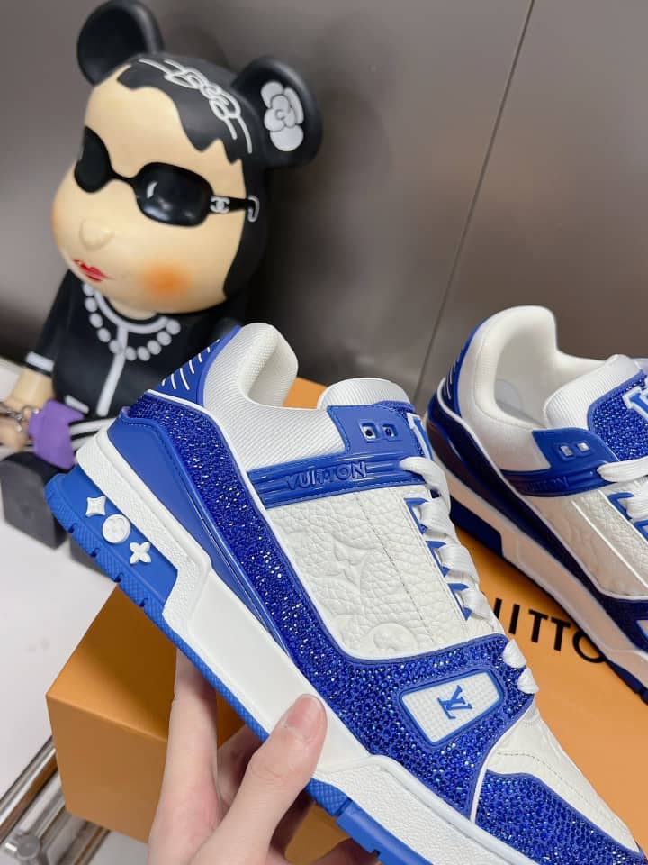 Louis Vuitton LV Trainer Blue Swarovski crystals and Monogram-embossed grained calf leather - vstockx