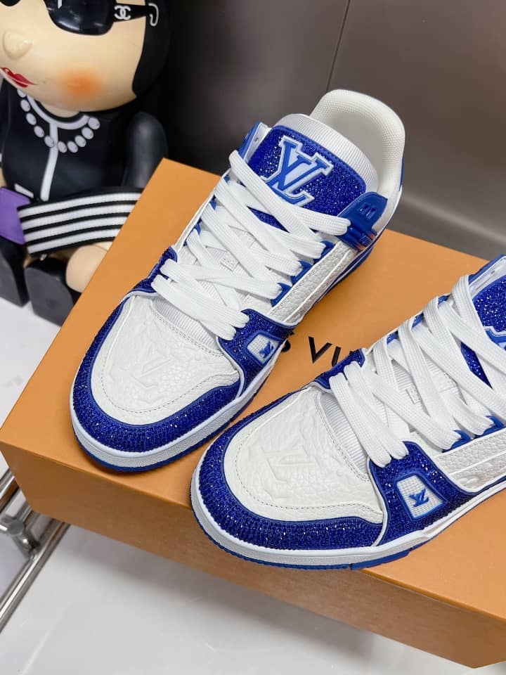 Louis Vuitton LV Trainer Blue Swarovski crystals and Monogram-embossed grained calf leather - vstockx