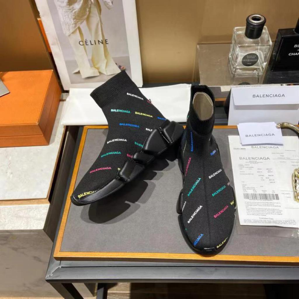 Balenciaga Speed 2.0 AllOver Logo Recycled Knit Black Multicolor - vstockx