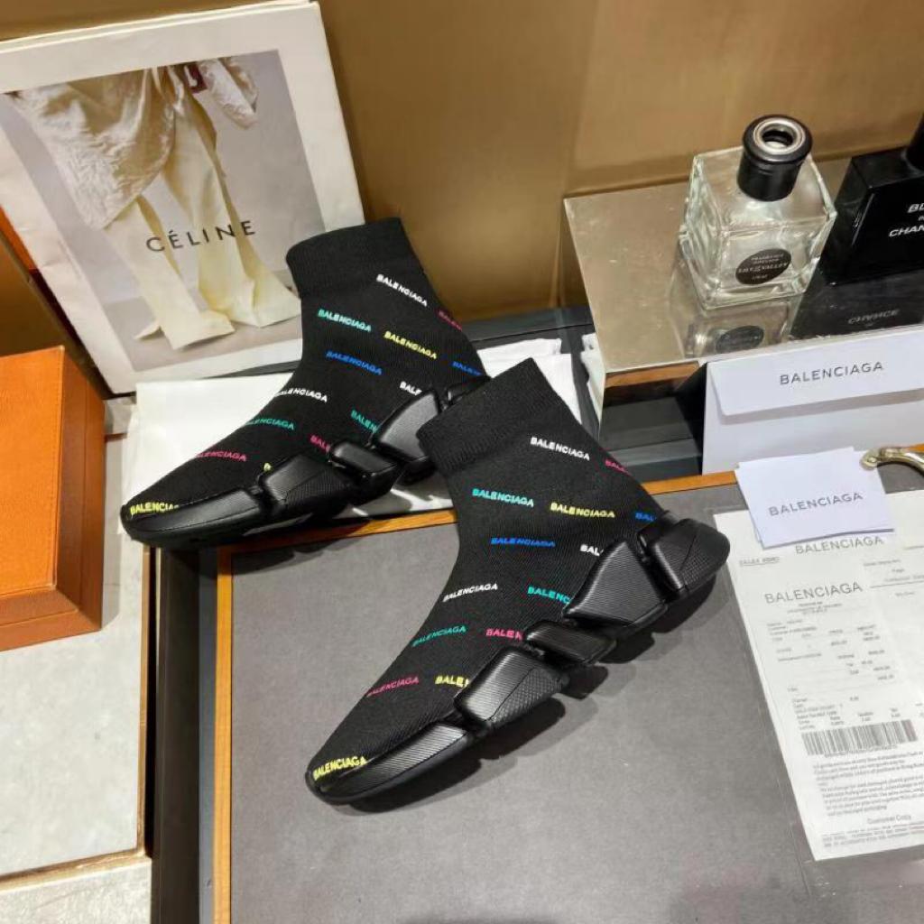 Balenciaga Speed 2.0 AllOver Logo Recycled Knit Black Multicolor - vstockx