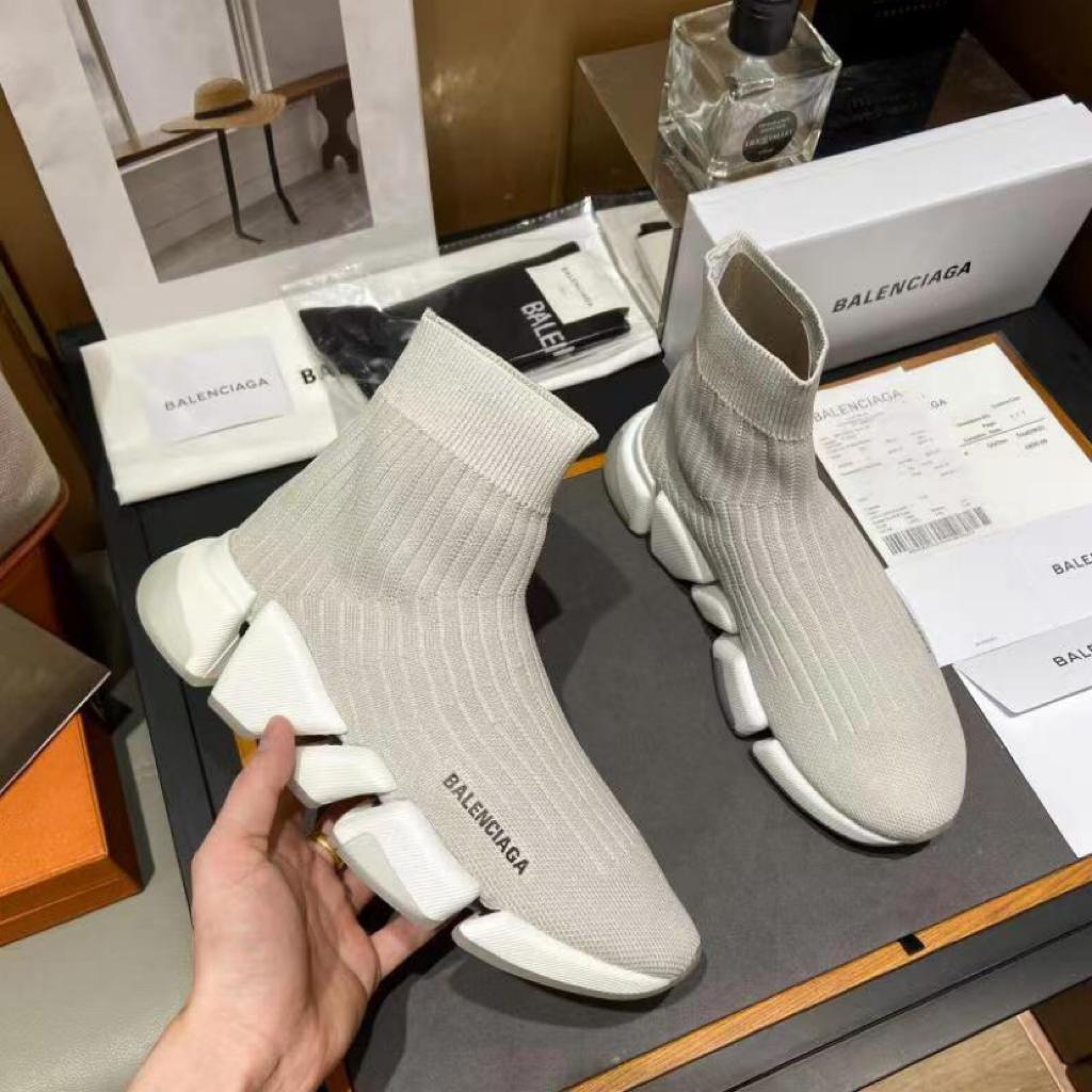 Balenciaga Speed Trainer Rib-Knit Light Gray - vstockx
