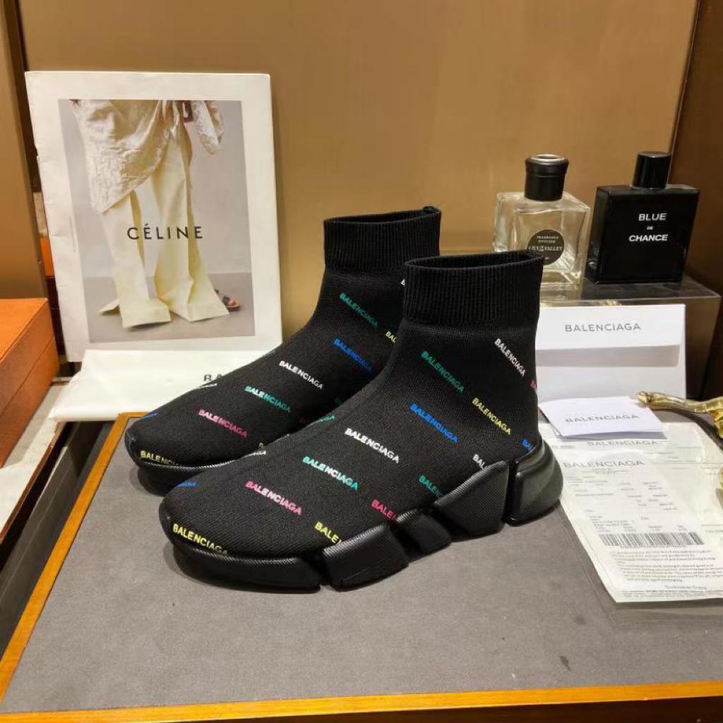 Balenciaga Speed 2.0 AllOver Logo Recycled Knit Black Multicolor - vstockx