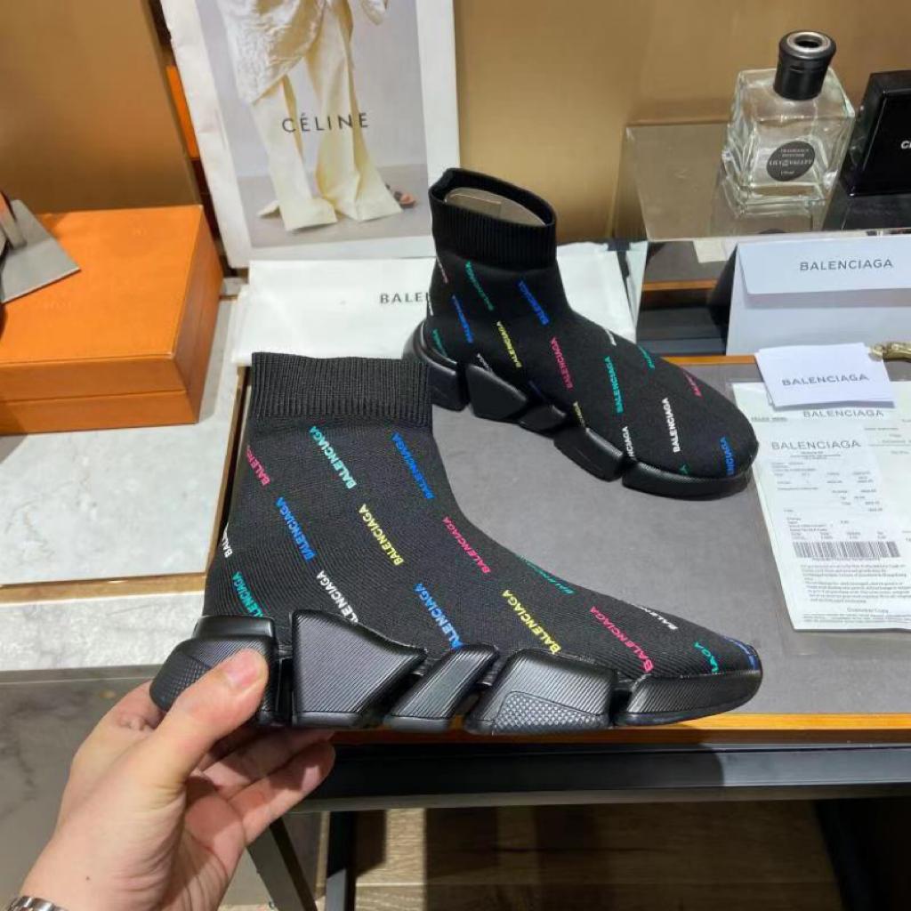 Balenciaga Speed 2.0 AllOver Logo Recycled Knit Black Multicolor - vstockx