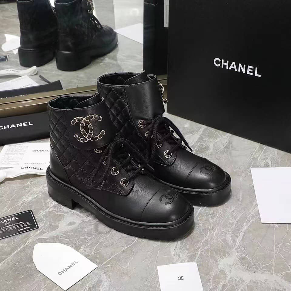 Chanel Quilted Combat Boot Black Leather - vstockx