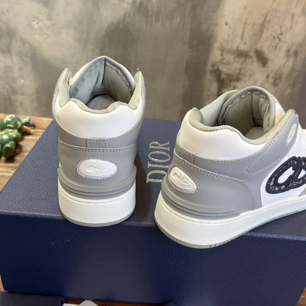 DIOR B57 MID-TOP SNEAKER Gray and White Smooth Calfskin with Beige and Black Dior Oblique Jacquard - vstockx