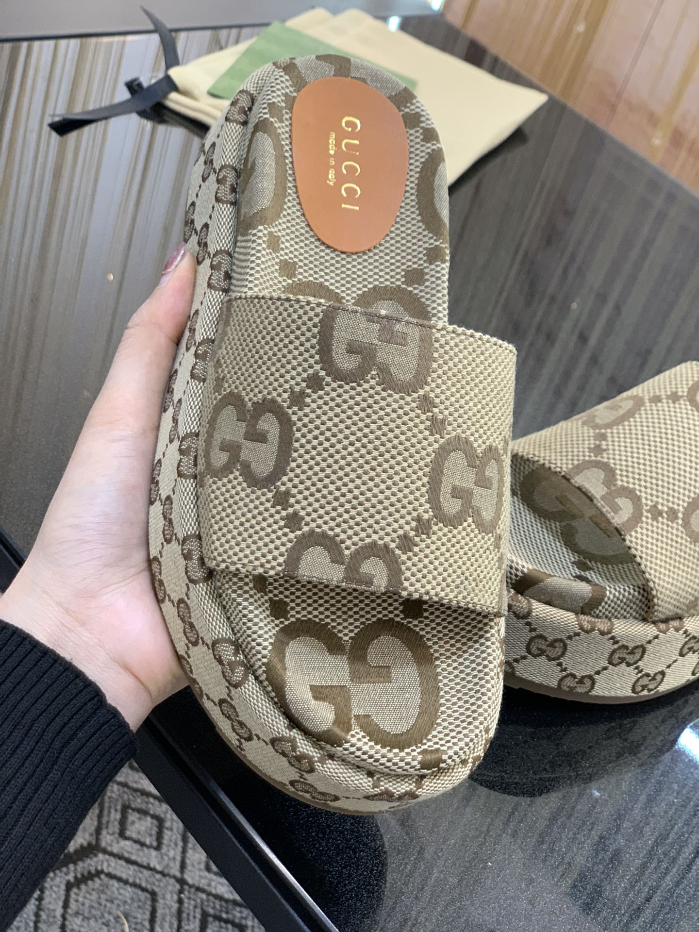 Gucci Platform Slide Sandal Maxi GG Camel Ebony GG Trim Canvas - vstockx