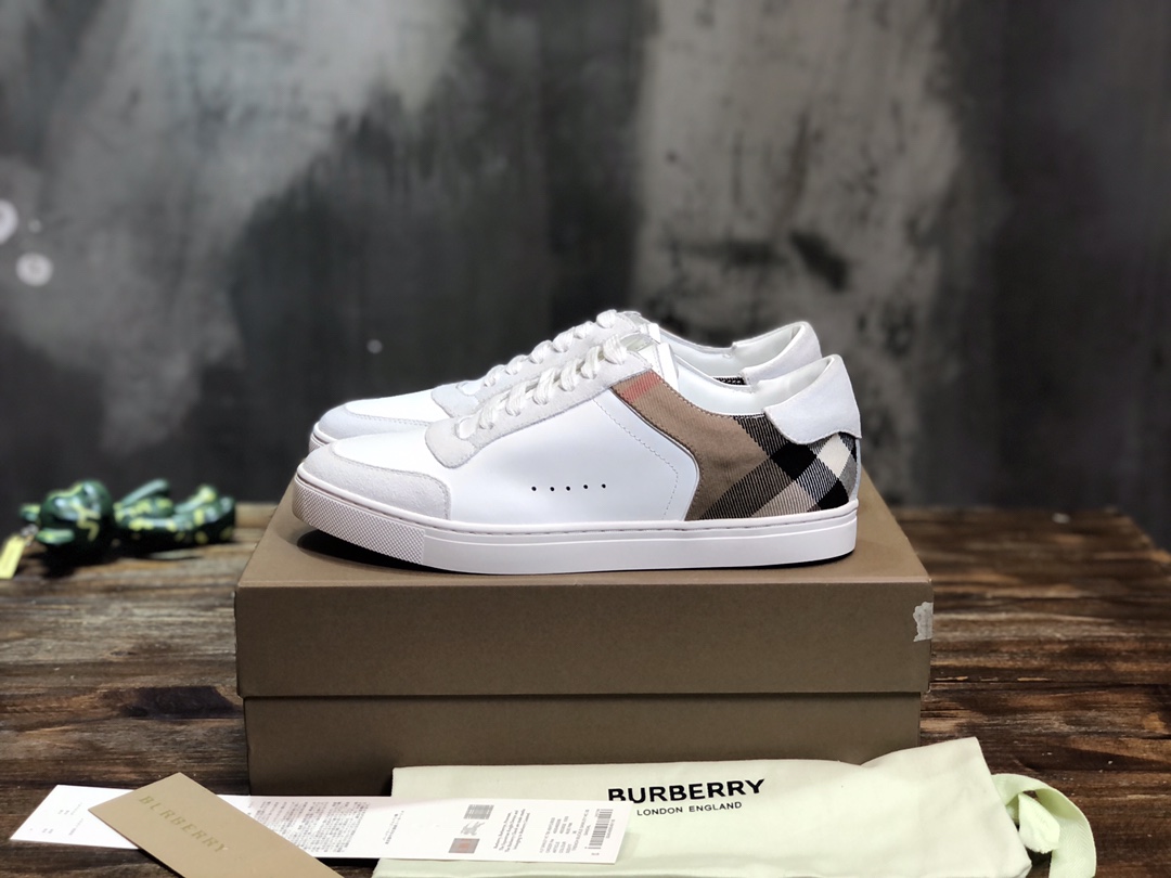 Burberry Leather Suede and House Check Sneakers Optic White - vstockx