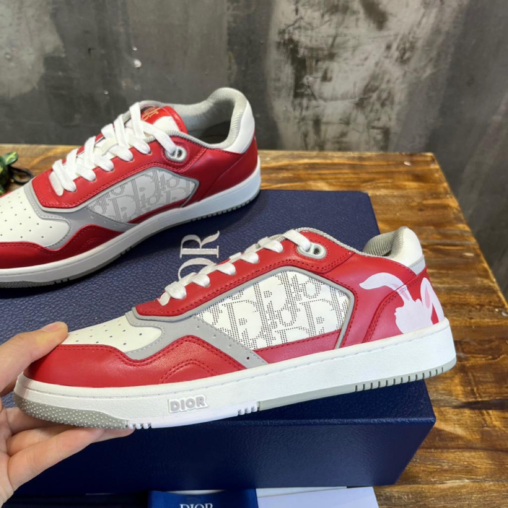 Dior B27 Low ERL Red and White Smooth Calfskin and White Dior Oblique Galaxy Leather with Rabbit Motif - vstockx