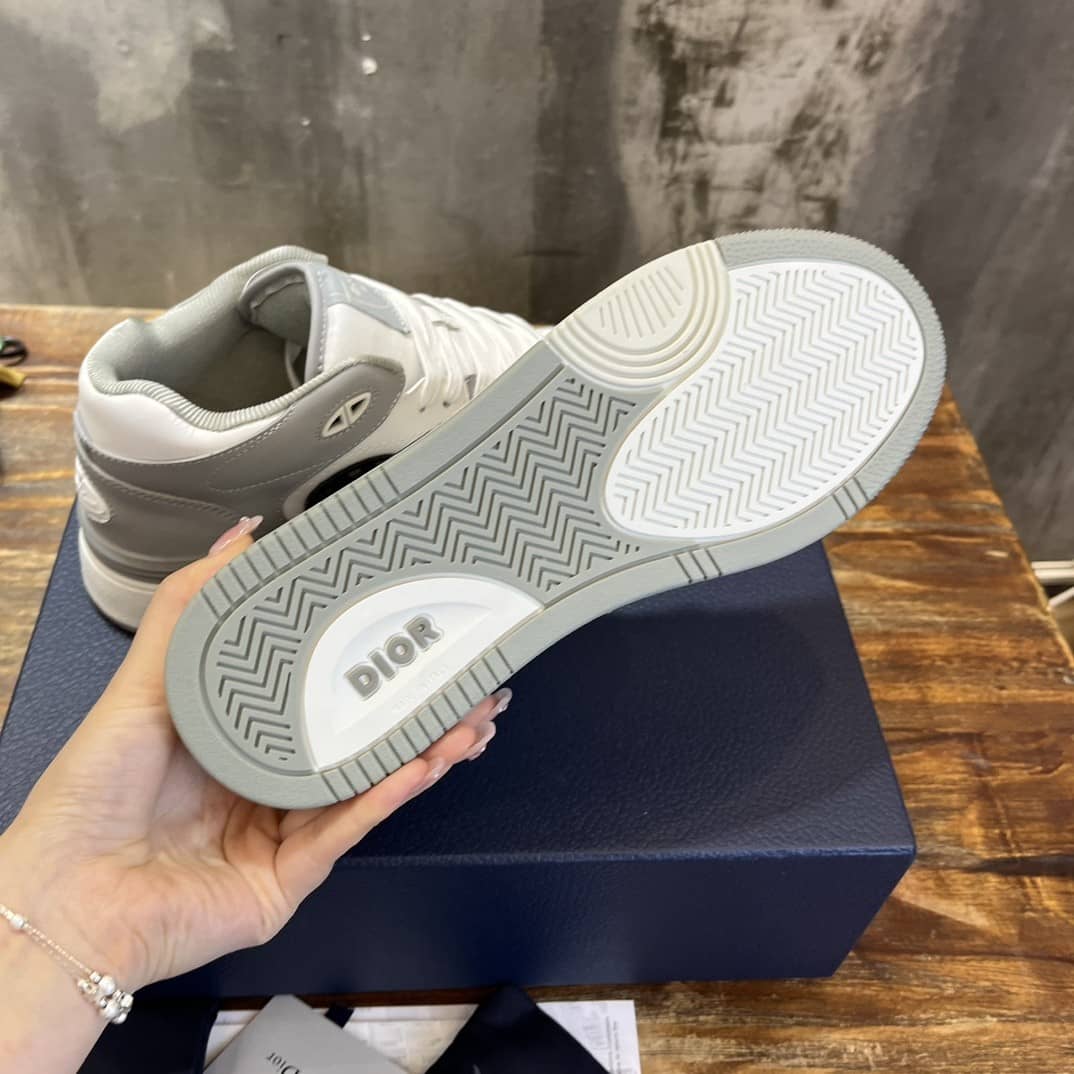 DIOR B57 MID-TOP SNEAKER Gray and White Smooth Calfskin with Beige and Black Dior Oblique Jacquard - vstockx