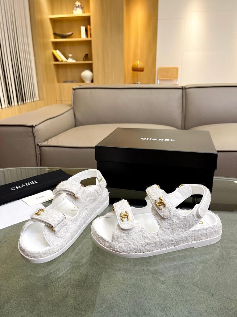 Chanel Tweed Sandal White Cotton - vstockx