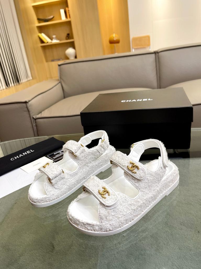 Chanel Tweed Sandal White Cotton - vstockx