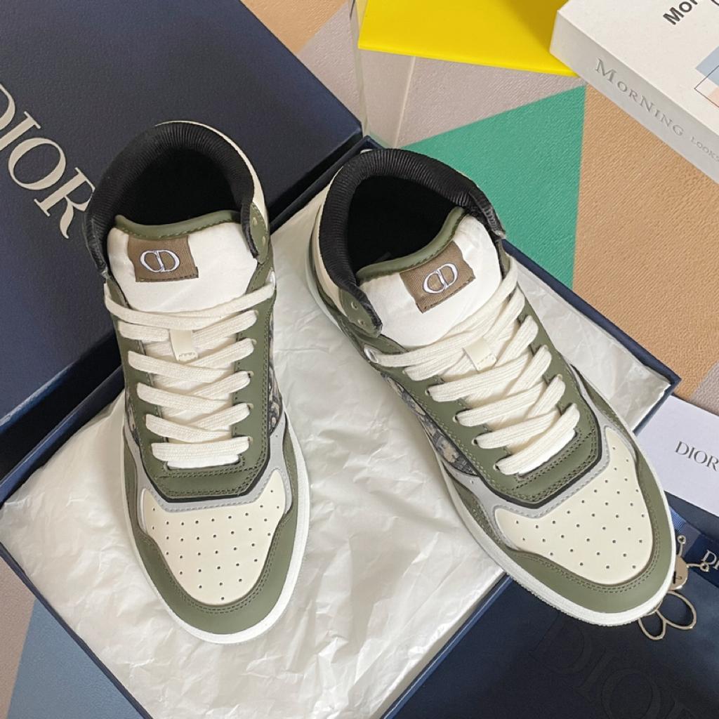 Dior B27 High Olive and Cream Smooth Calfskin with Beige and Black Dior Oblique Jacquard - vstockx
