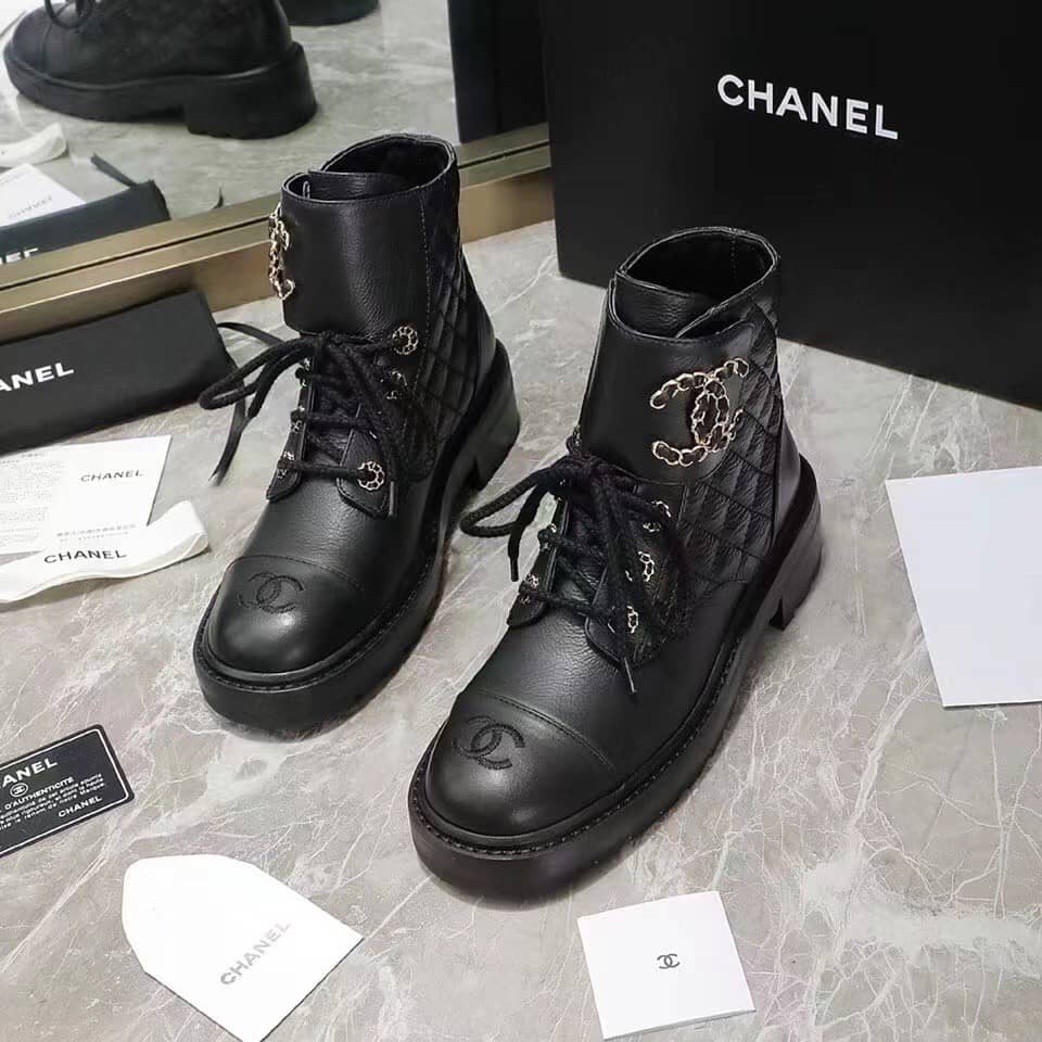 Chanel Quilted Combat Boot Black Leather - vstockx
