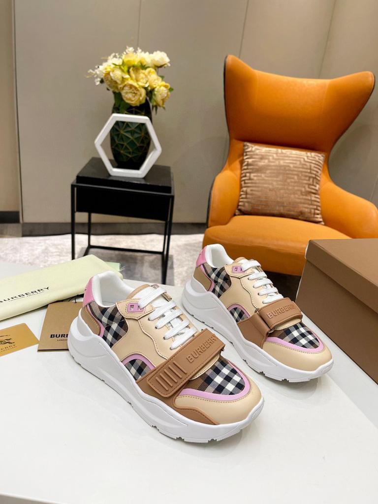 Burberry Check Cotton and Leather Sneakers Birch Brown/Pink - vstockx