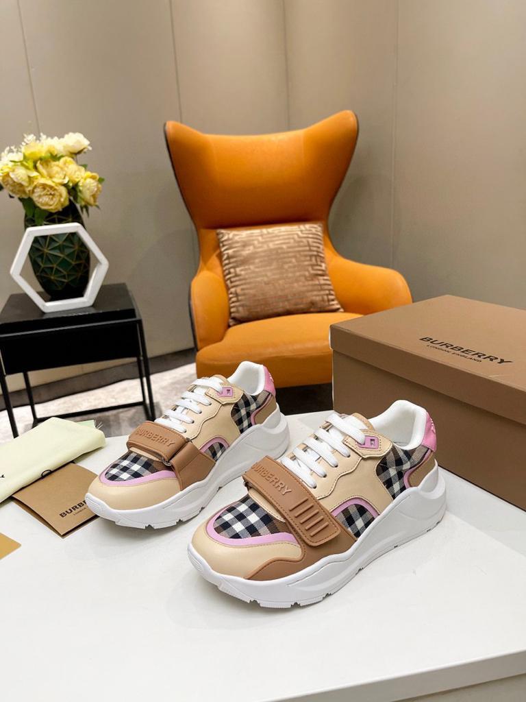 Burberry Check Cotton and Leather Sneakers Birch Brown/Pink - vstockx