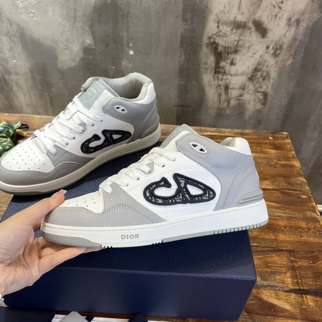 DIOR B57 MID-TOP SNEAKER Gray and White Smooth Calfskin with Beige and Black Dior Oblique Jacquard - vstockx
