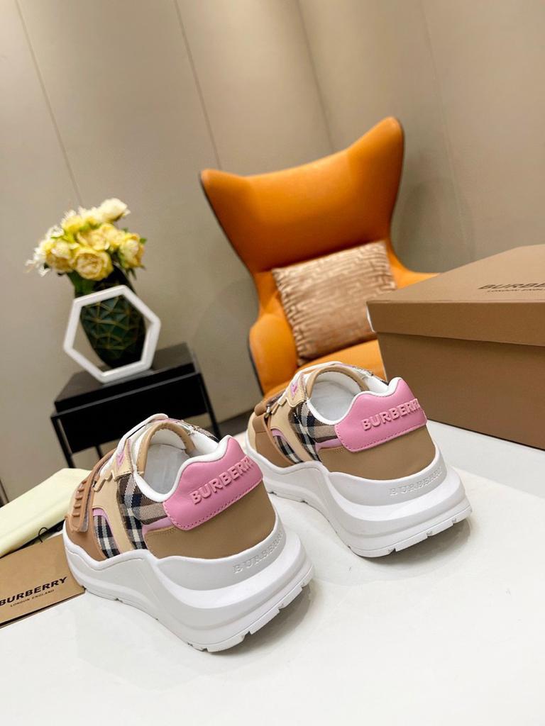 Burberry Check Cotton and Leather Sneakers Birch Brown/Pink - vstockx