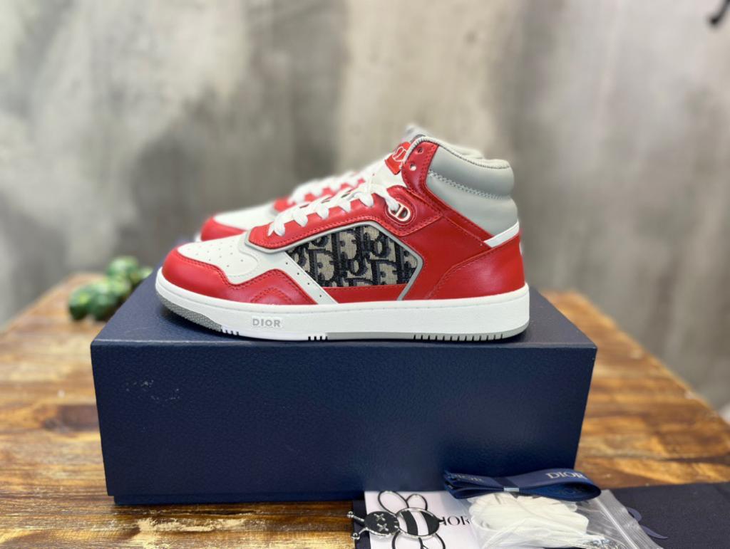 Dior B27 High Red Gray and White Smooth Calfskin with Beige and Black Dior Oblique Jacquard - vstockx