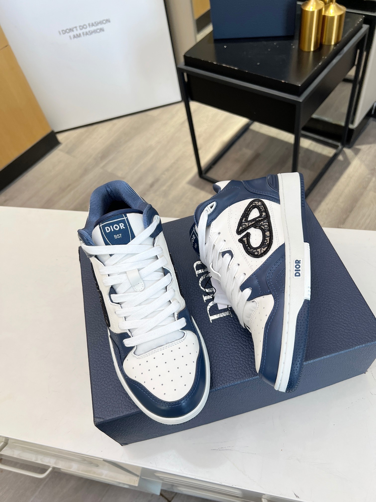 dior B57 MID-TOP SNEAKER Navy Blue and White Smooth Calfskin with Beige and Black Dior Oblique Jacquard - vstockx