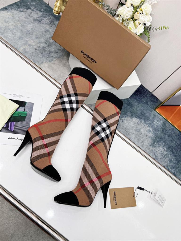 Burberry Knitted Check Sock Boots Birch Brown Heel height: 10.5cm/4.1in - vstockx