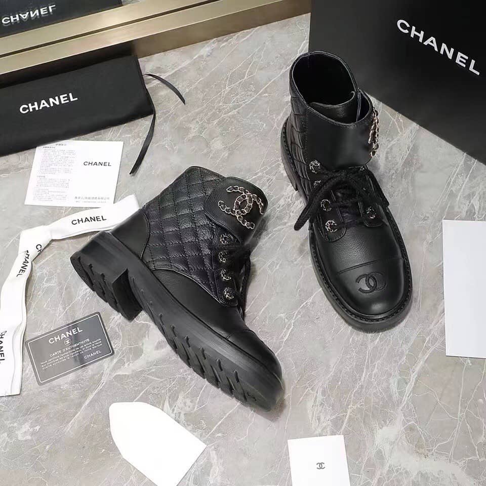 Chanel Quilted Combat Boot Black Leather - vstockx