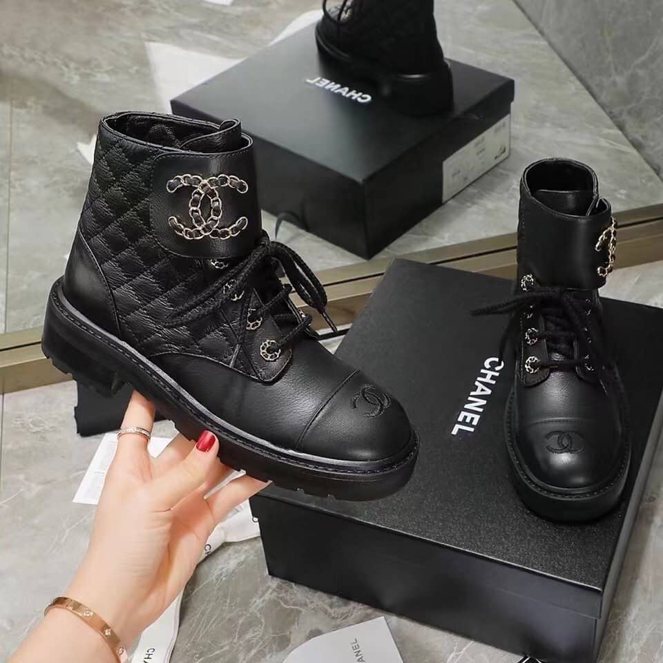 Chanel Quilted Combat Boot Black Leather - vstockx