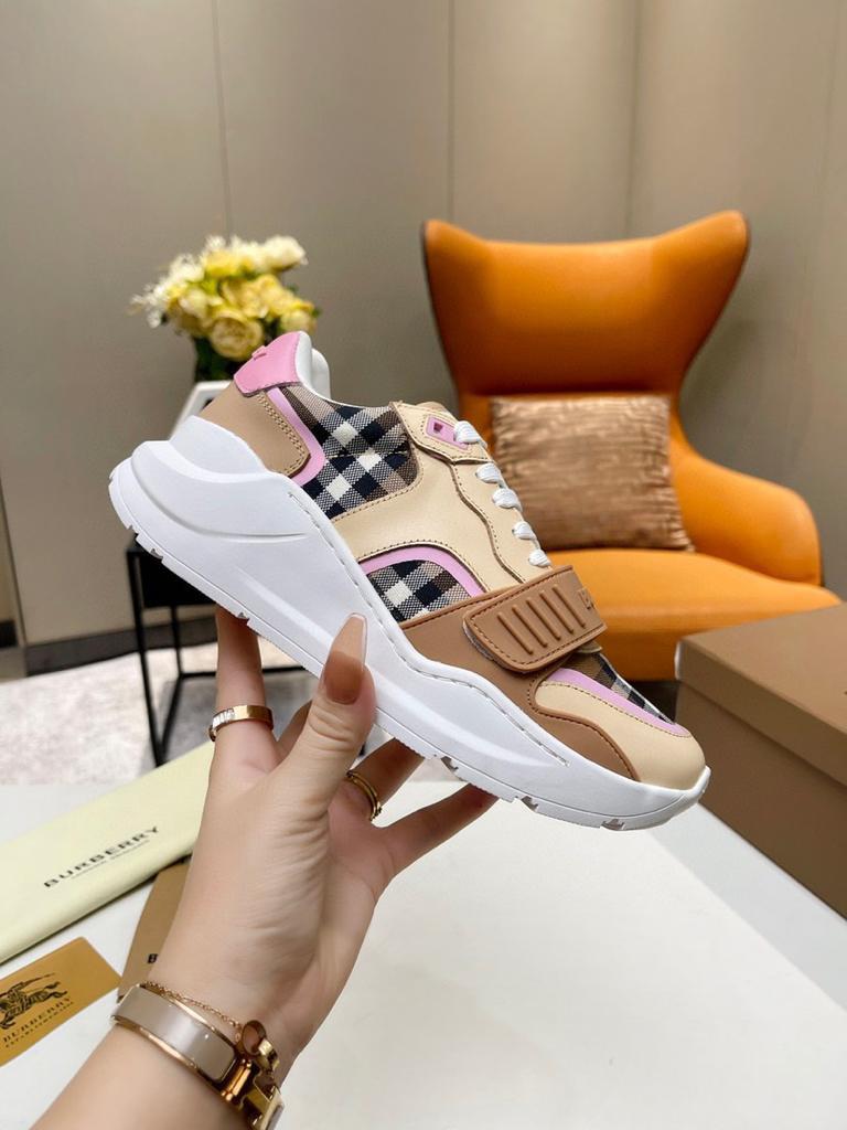 Burberry Check Cotton and Leather Sneakers Birch Brown/Pink - vstockx