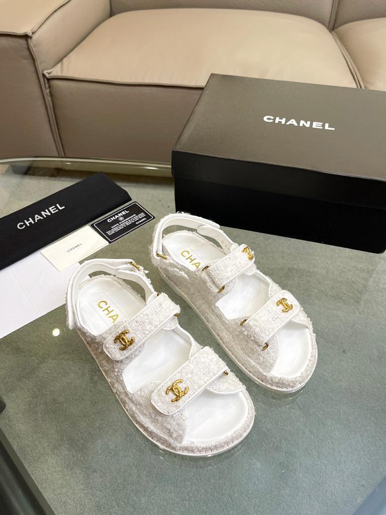 Chanel Tweed Sandal White Cotton - vstockx