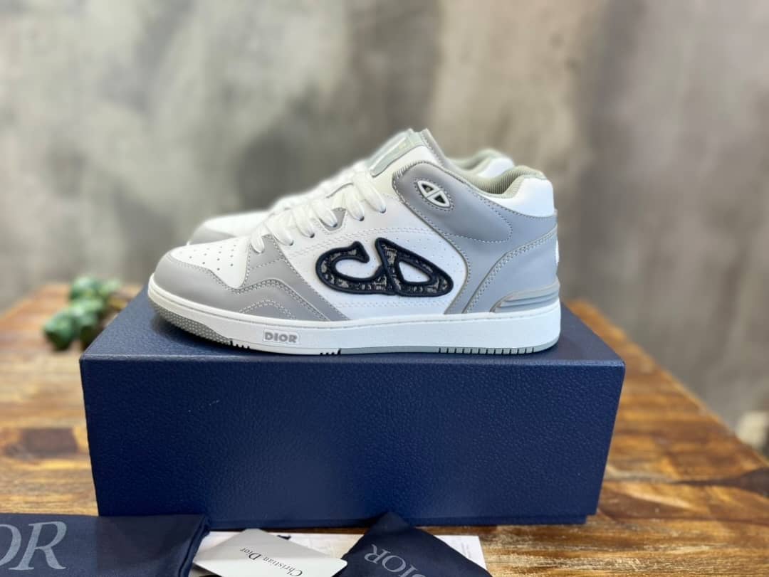 DIOR B57 MID-TOP SNEAKER Gray and White Smooth Calfskin with Beige and Black Dior Oblique Jacquard - vstockx