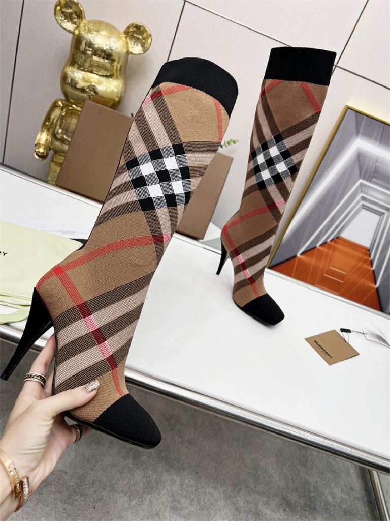 Burberry Knitted Check Sock Boots Birch Brown Heel height: 10.5cm/4.1in - vstockx