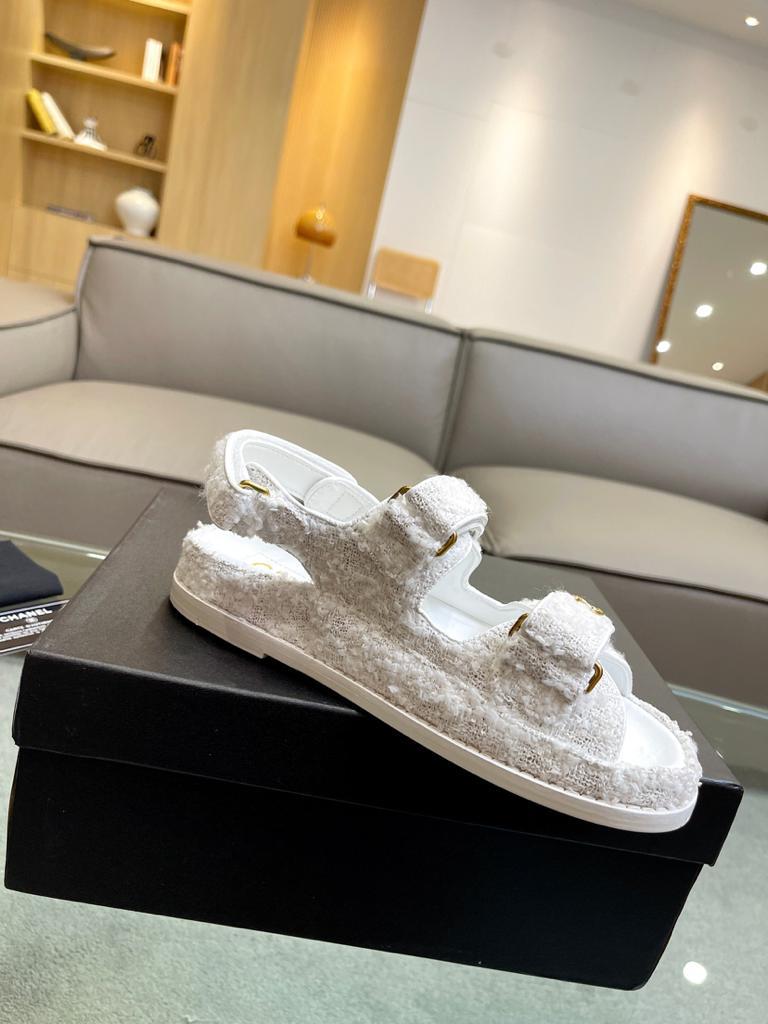 Chanel Tweed Sandal White Cotton - vstockx