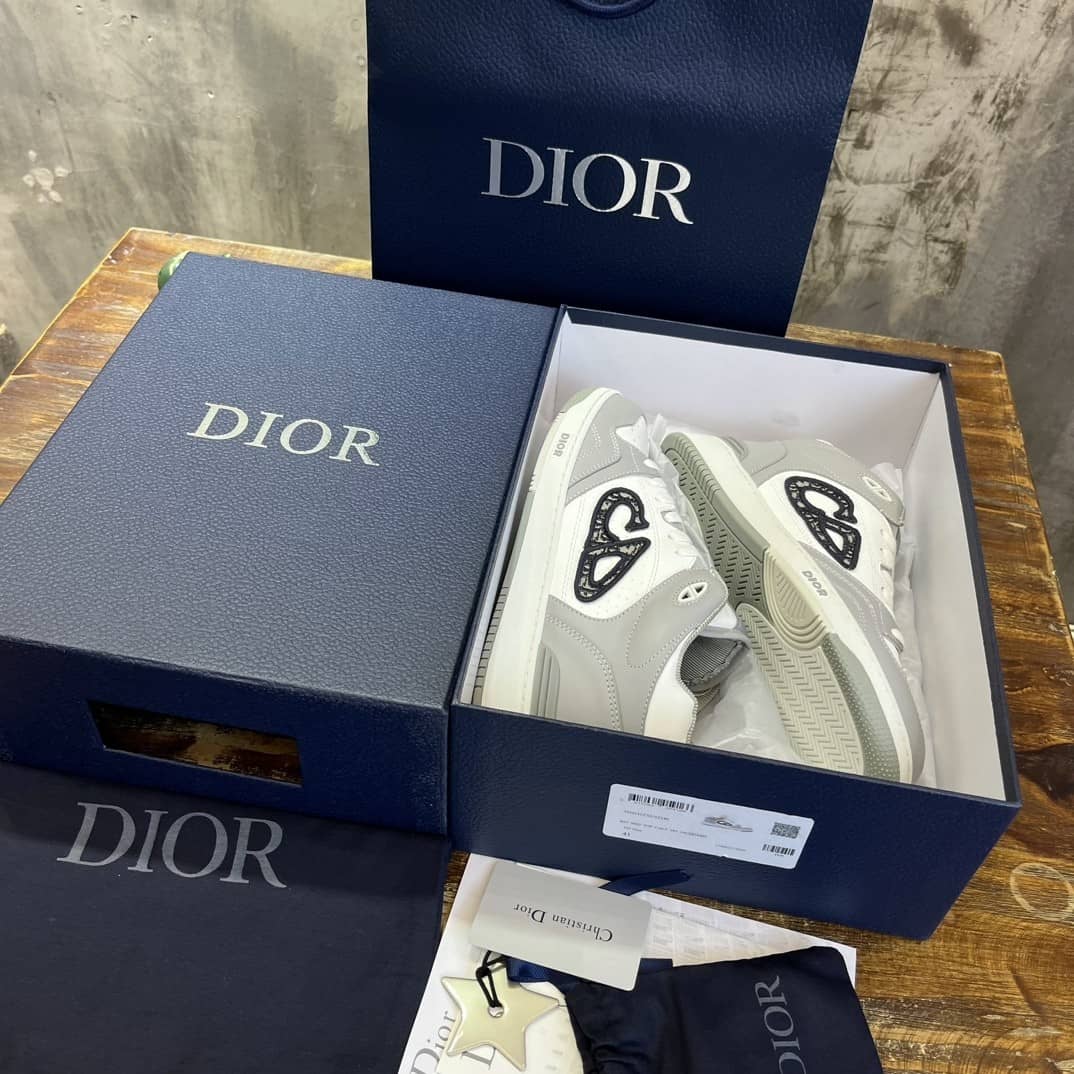 DIOR B57 MID-TOP SNEAKER Gray and White Smooth Calfskin with Beige and Black Dior Oblique Jacquard - vstockx