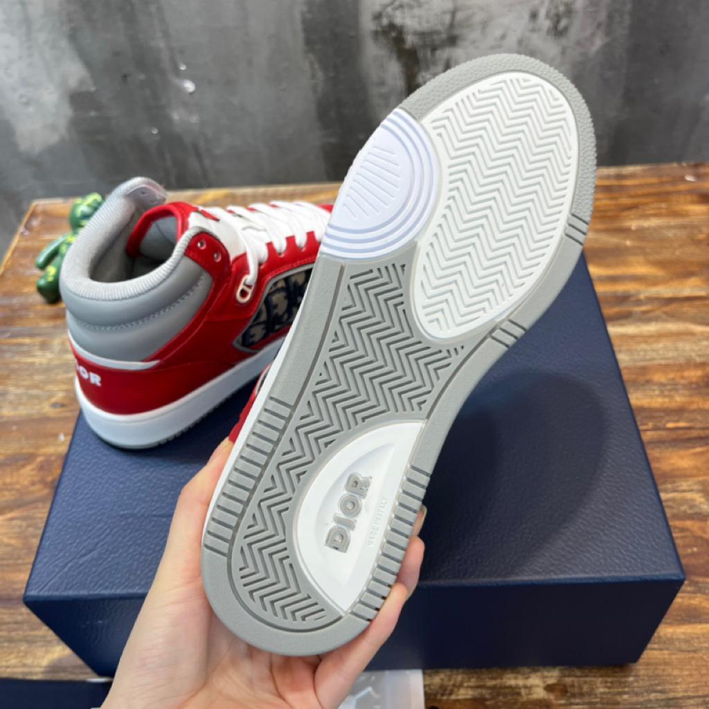 Dior B27 High Red Gray and White Smooth Calfskin with Beige and Black Dior Oblique Jacquard - vstockx