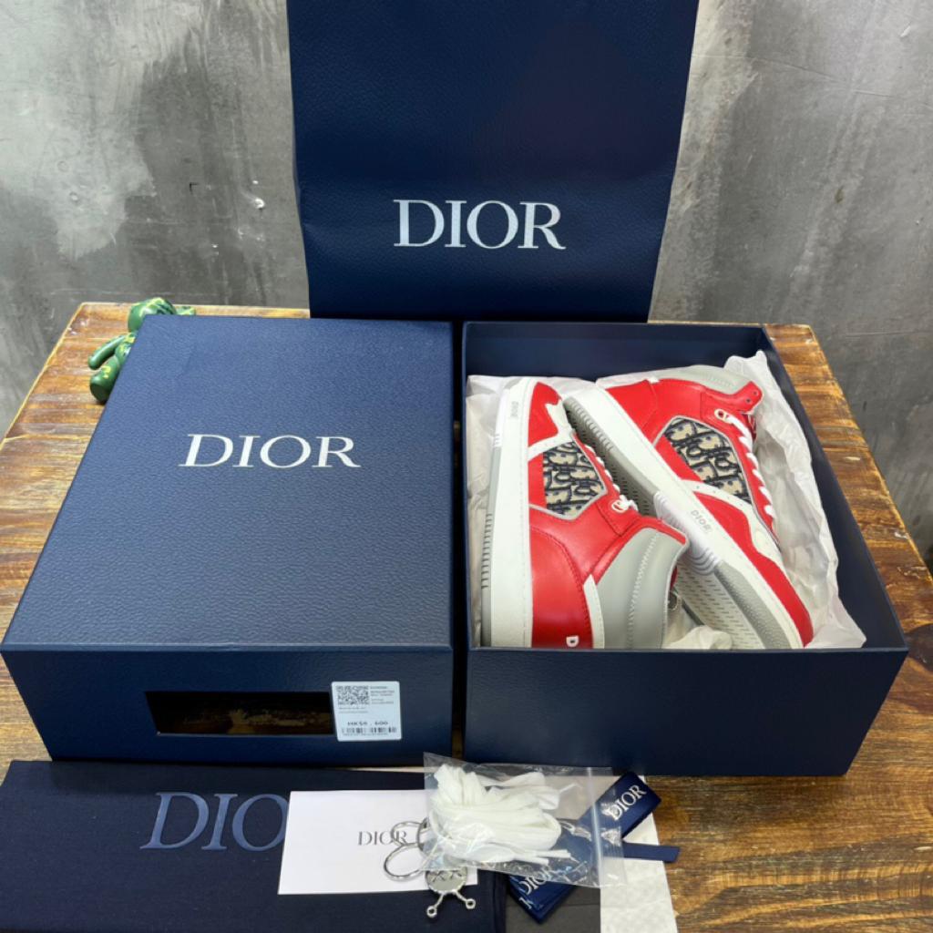 Dior B27 High Red Gray and White Smooth Calfskin with Beige and Black Dior Oblique Jacquard - vstockx