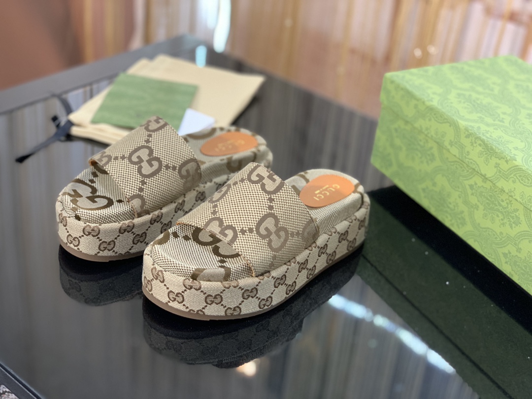 Gucci Platform Slide Sandal Maxi GG Camel Ebony GG Trim Canvas - vstockx