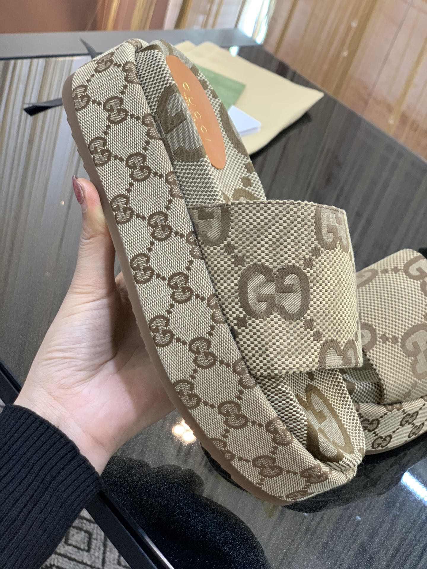 Gucci Platform Slide Sandal Maxi GG Camel Ebony GG Trim Canvas - vstockx