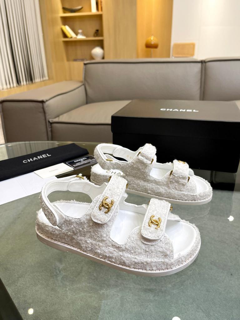 Chanel Tweed Sandal White Cotton - vstockx