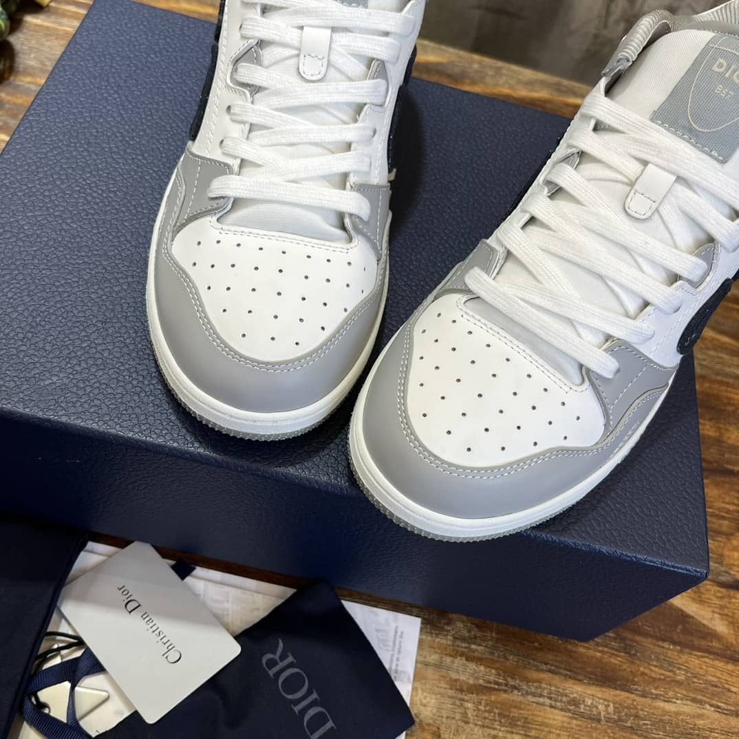 DIOR B57 MID-TOP SNEAKER Gray and White Smooth Calfskin with Beige and Black Dior Oblique Jacquard - vstockx