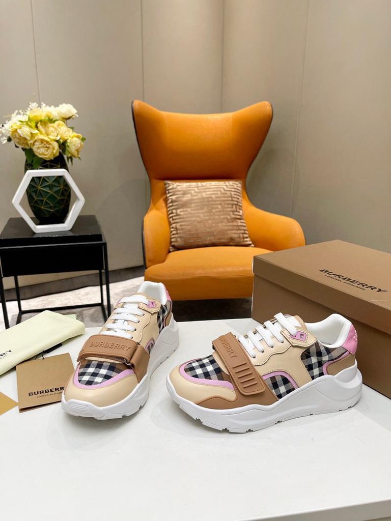 Burberry Check Cotton and Leather Sneakers Birch Brown/Pink - vstockx
