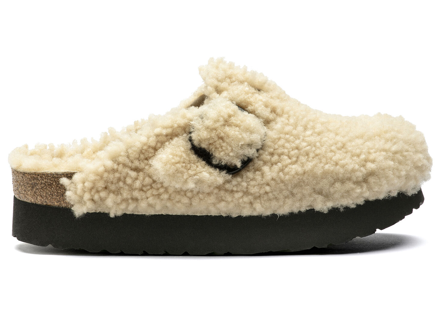 Birkenstock Boston Big Buckle Platform Shearling Teddy Eggshell - vstockx