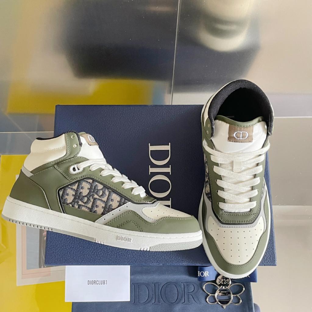 Dior B27 High Olive and Cream Smooth Calfskin with Beige and Black Dior Oblique Jacquard - vstockx