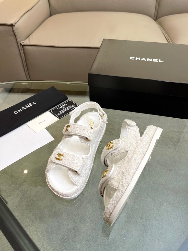 Chanel Tweed Sandal White Cotton - vstockx