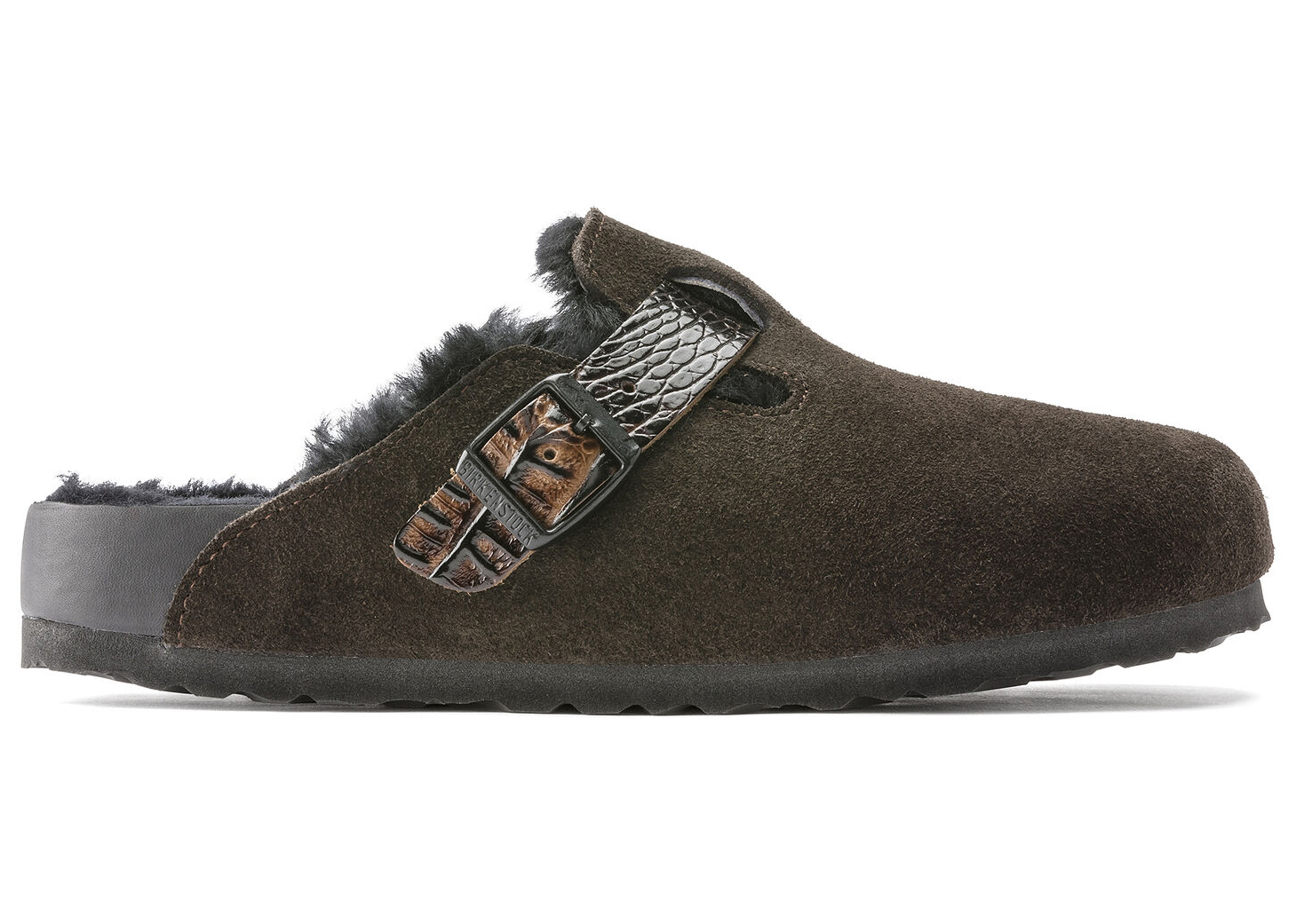 Birkenstock Boston Shearling Suede Reptile Embossed Strap Mocha Brown Black - vstockx