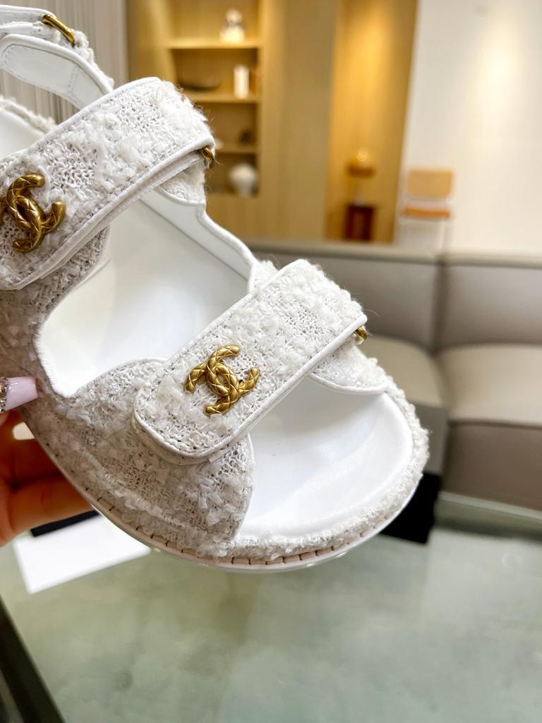 Chanel Tweed Sandal White Cotton - vstockx